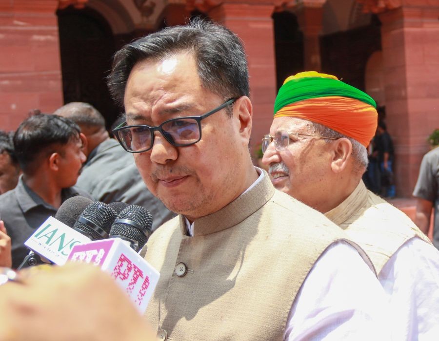 Union Minister Kiren Rijiju speaks to the media at the Parliament House complex during the Monsoon Session of Parliament in New Delhi on July 22. (IANS Photo)