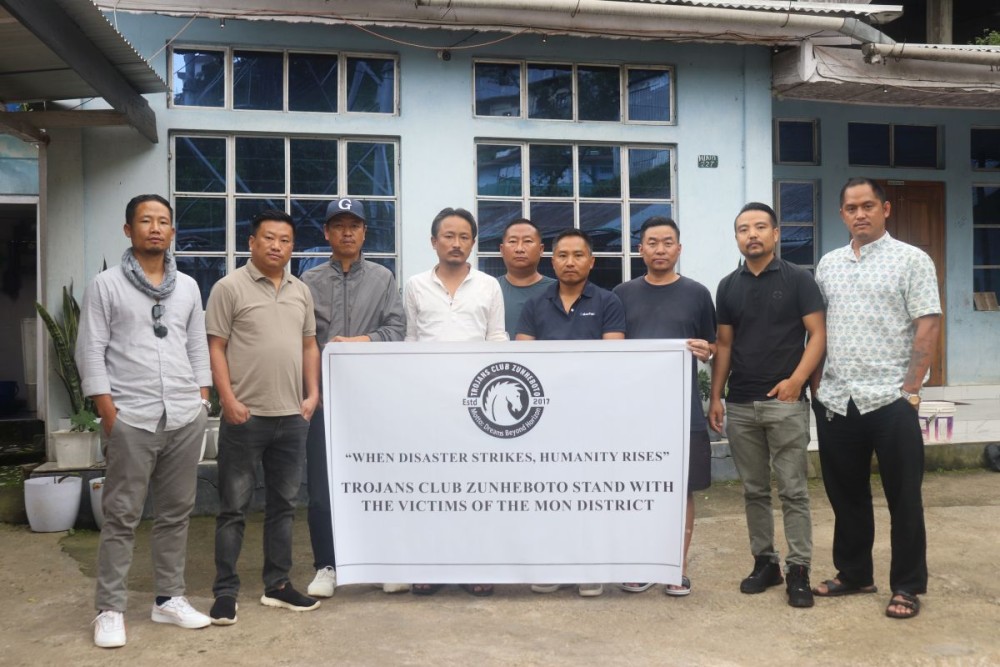 Members of the Trojans’ Club Zunheboto at the club premises on July 22. The club contributed Rs 25,000 towards relief for families affected by the recent landslide in Mon district. (Morung Photo)