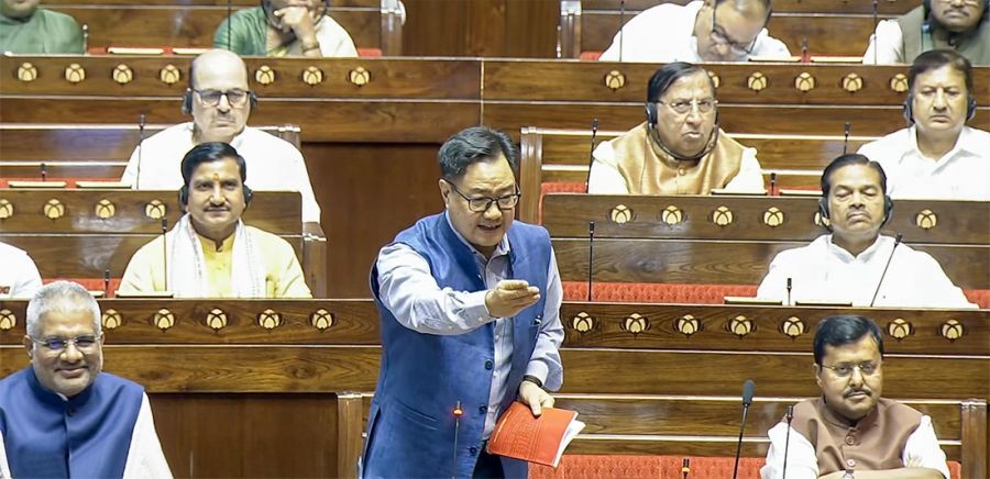 Union Minister of Minority Affairs Kiren Rijiju speaks in the Rajya Sabha during the Monsoon Session of Parliament in New Delhi on August 6, 2026. (IANS/Sansad TV Photo)