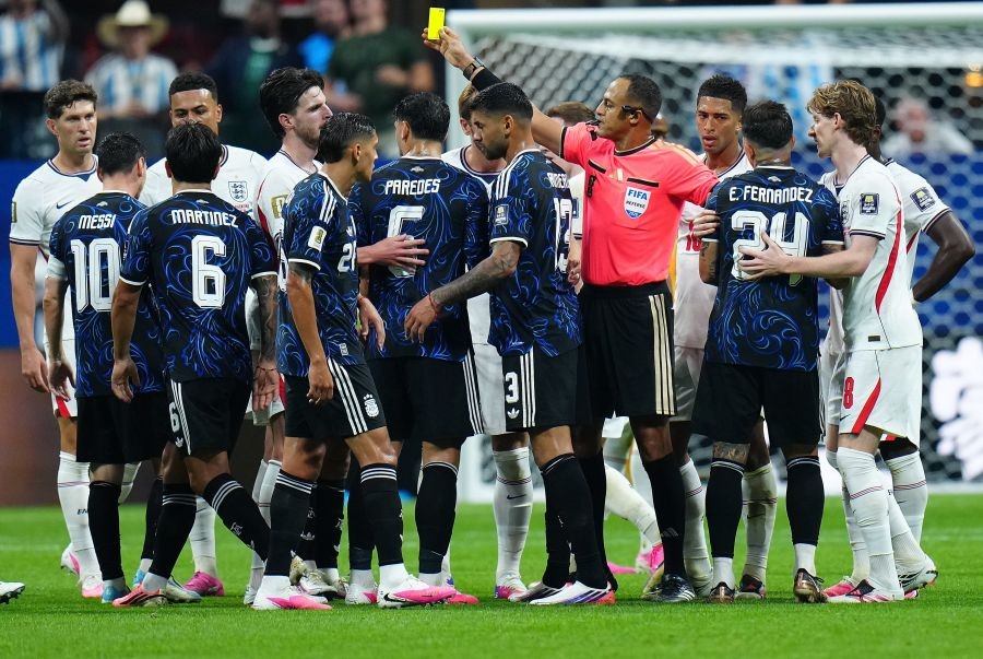 Players of both sides communicate with the referee during the semifinal match between Argentina and England at the 2026 FIFA World Cup at Atlanta Stadium in Atlanta, the United States, July 15, 2026. (IANS Photo)