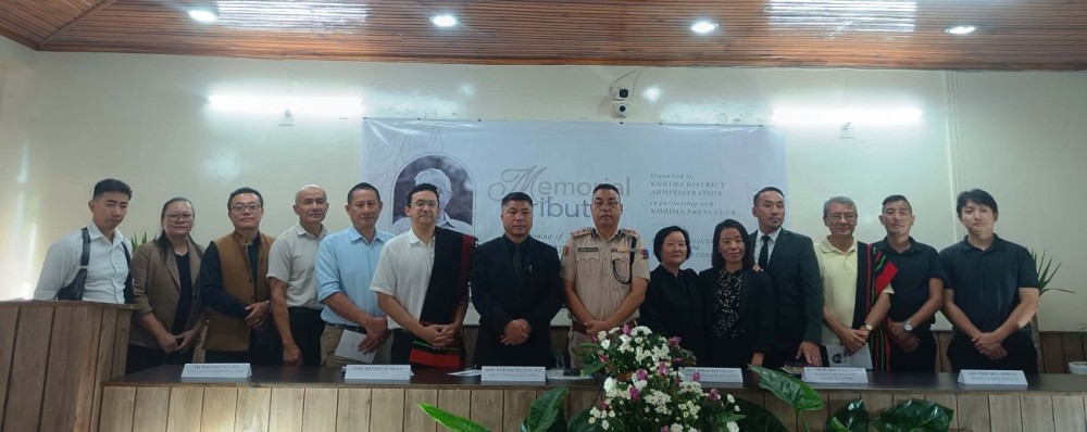 Deputy Commissioner, Kohima, Superintendent of Police, Kohima, Officials of Kohima Press Club, and other dignitaries seen with Family of Niketu Iralu during the Memorial Tribute at DC’s Conference Hall Kohima on August 27.