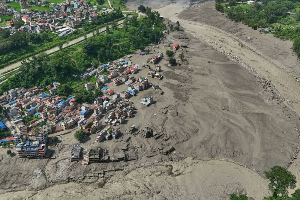 A view of an area affected by flash floods in Nuwakot district, Nepal, on August 26, 2026. Nepal Police said at least eight people were killed in flash floods in the northern part of the country, while the Nepal Tourism Board reported 384 tourists, including 291 foreigners, missing. (Xinhua/Nepal News Agency/IANS Photo)