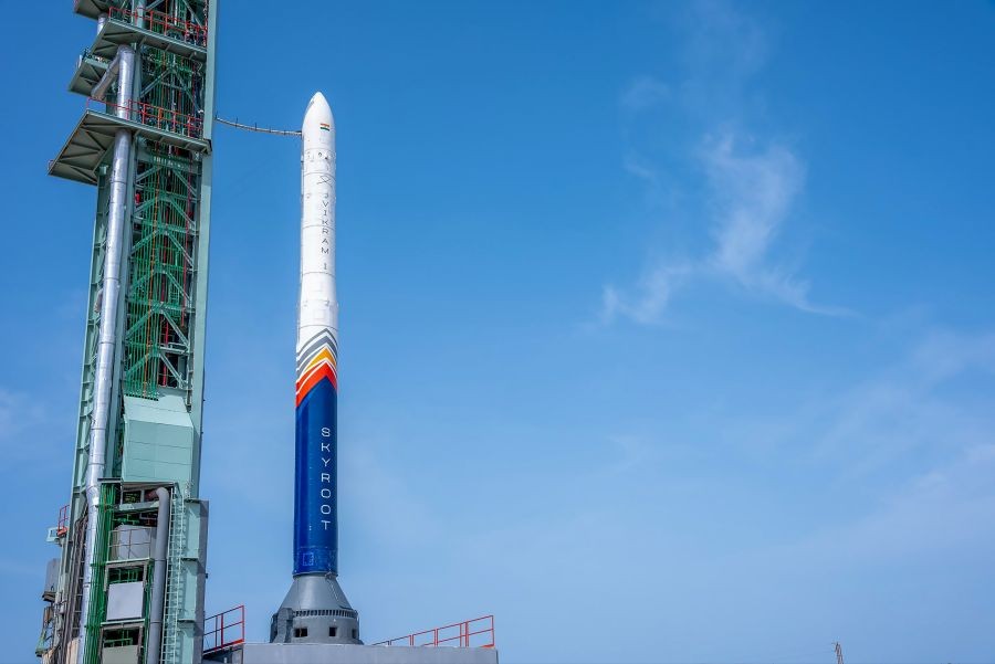 Skyroot Aerospace's Vikram-1 launch vehicle stands on the launch pad at the Satish Dhawan Space Centre (SDSC-SHAR) ahead of its maiden Test Flight-1, Mission Aagaman, in Sriharikota, Andhra Pradesh. (IANS/X/@SkyrootA File Photo)