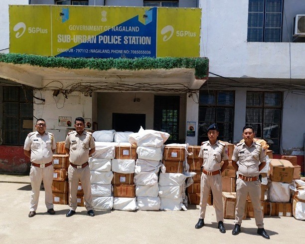 Police in Dimapur seized 19,760 bottles of suspected codeine-based cough syrup from a warehouse in Marwari Patti, Dimapur on Tuesday evening. (Photo Courtesy: Dimapur Police)