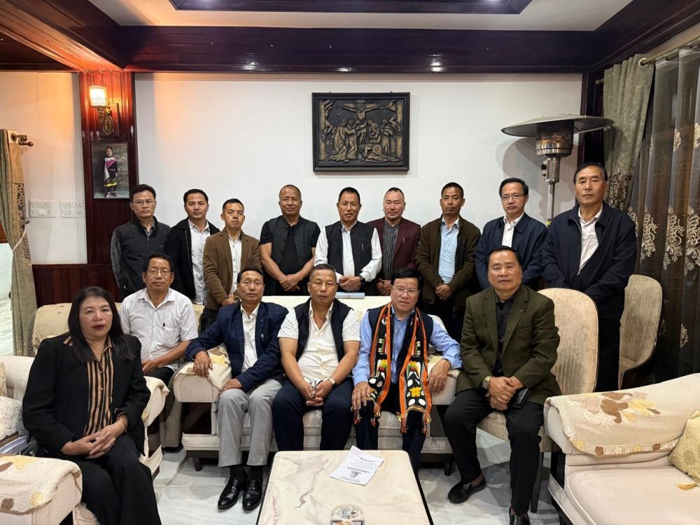 Advisor for Civil Administration Works Department (CAWD) and MLA Kudecho Khamo, CCRI Managing Director Mesusayi Tetseo, Finance Committee Convenor Vahine Thisa and others during the launch of the CCRI raffle draw ticket campaign in Kohima on August 2.