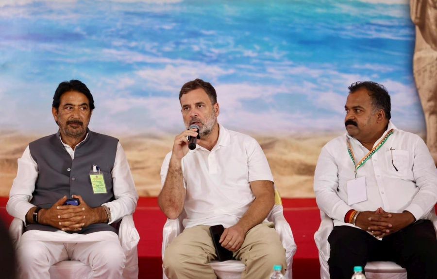 Leader of the Opposition in the Lok Sabha Rahul Gandhi addresses a consultation meeting with Tamil Nadu Congress leaders on the state's political situation and the party's future strategy in Chennai on August 1, 2026. (IANS/X/@INCIndia Photo)