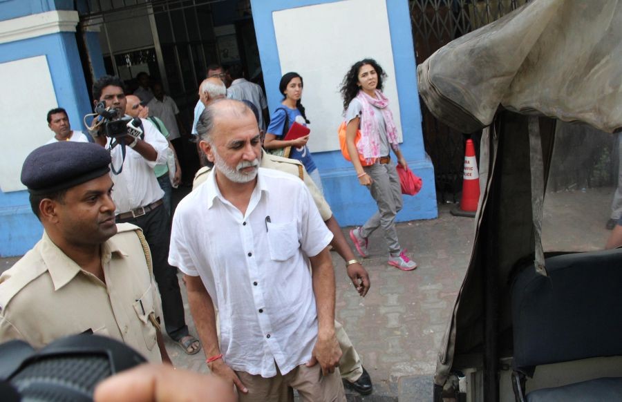 Tehelka founder Tarun Tejpal comes out of Principal District and Session Court after a hearing on his bail plea in Panaji on Jan. 10, 2014. Court will give its decision on Wednesday. (IANS File Photo)
