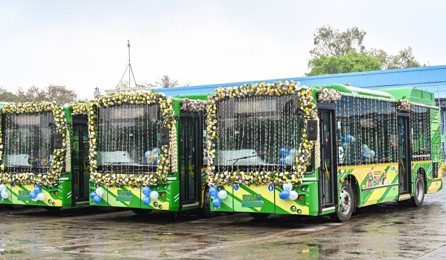 The picture shows buses that have been flagged off by Delhi Chief Minister Rekh Gupta from the Indraprastha Bus Depot, on March 20, 2026. (IANS File Photo)
