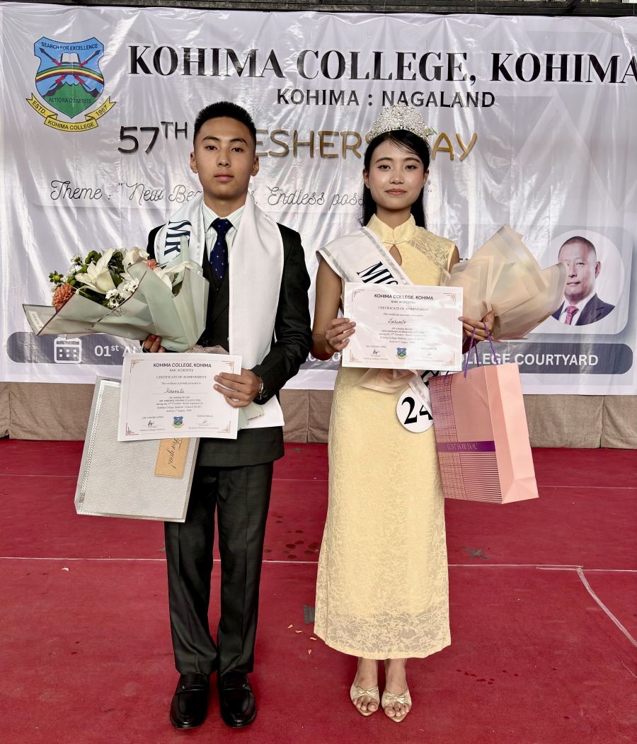 Mr and Miss Freshers 2026 of Kohima College pose for a photo following the declaration of result at the college courtyard in Kohima on August 1. (Photo Credit: Kohima College)