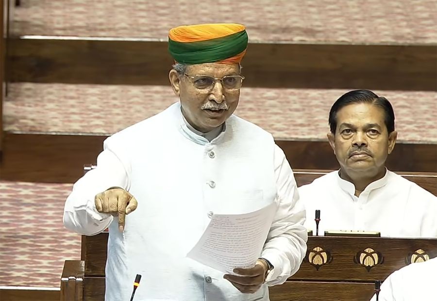 Union Minister of State (Independent Charge) for Law and Justice Arjun Ram Meghwal speaks in the Rajya Sabha during the Monsoon Session of Parliament in New Delhi on August 11, 2026. (IANS/Sansad TV Photo)