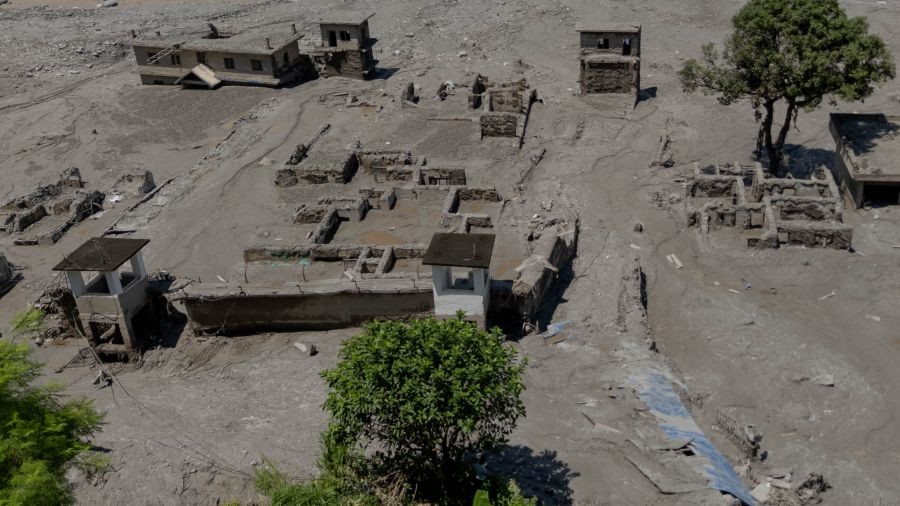 A drone photo taken on Aug. 27, 2026 shows a view of a massive flash flood-hit Nuwakot, Nepal. Nepal's National Disaster Risk Reduction Management Authority said that as many as 359 bodies had been recovered from flood-hit areas by Thursday evening, with 910 people still missing. (Xinhua via IANS Photo)
