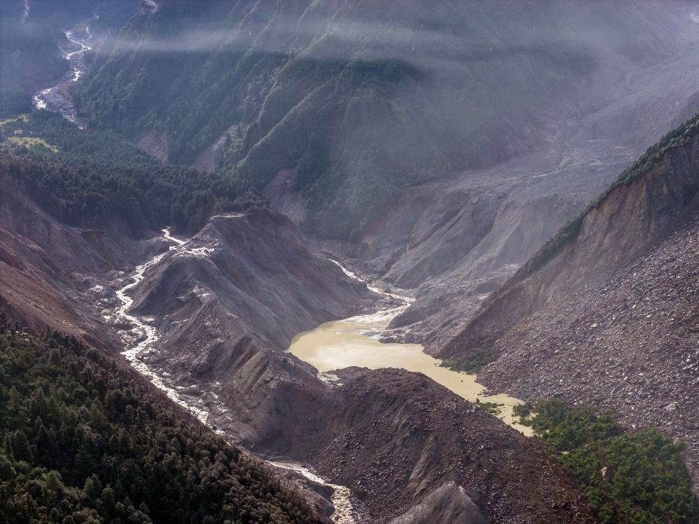 An aerial drone photo taken on Aug. 27, 2026, shows a barrier lake formed after a mudslide in Nepal. The mudslide caused significant casualties along the China-Nepal border. (Xinhua via IANS Photo)