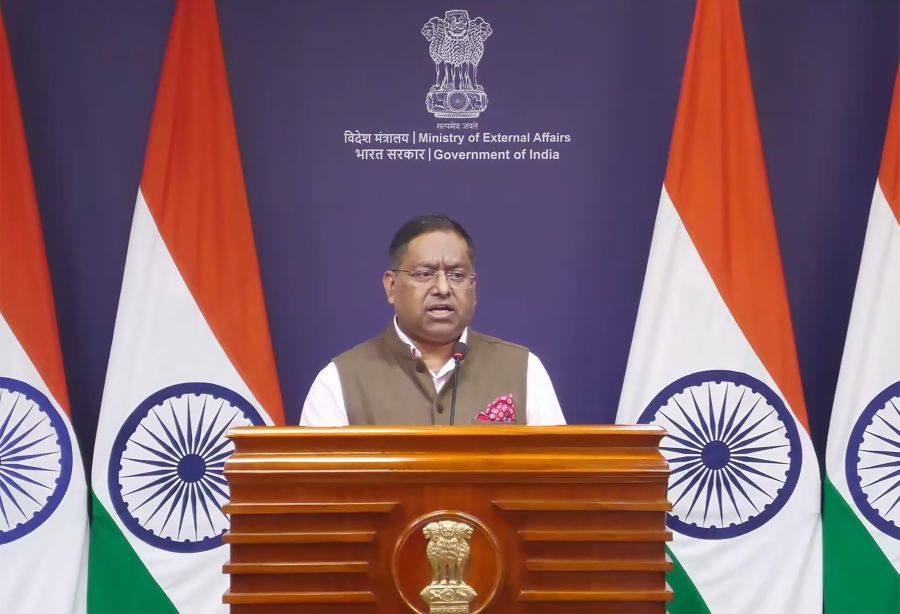 Ministry of External Affairs (MEA) Official Spokesperson Randhir Jaiswal addresses the media in New Delhi on August 11, 2026. (IANS/Video Grab Photo)
