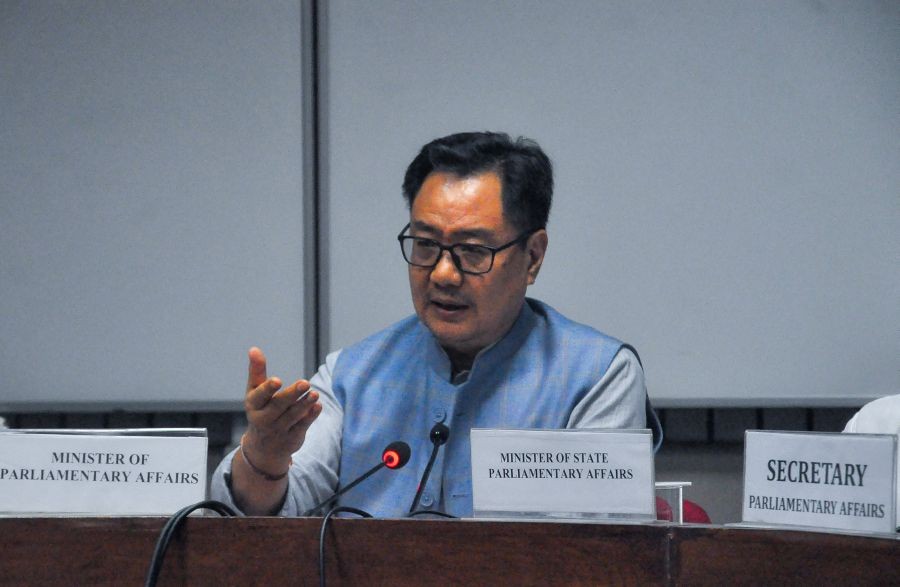 Union Minister for Parliamentary Affairs and Minority Affairs Kiren Rijiju addresses a press conference at Parliament House in New Delhi on August 13, 2026. (IANS Photo)