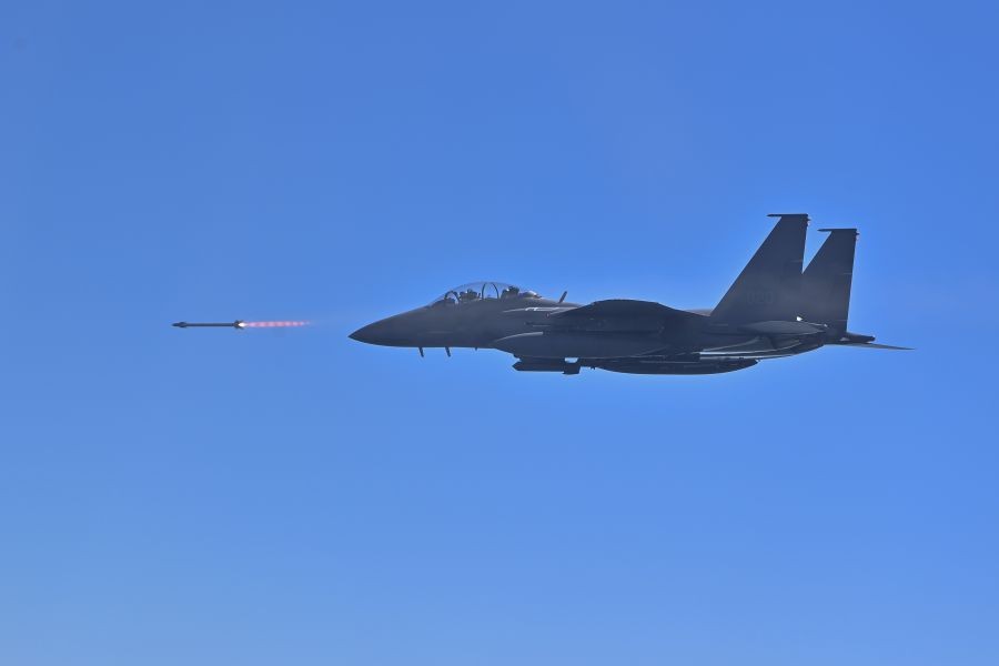 This photo, provided by the South Korean Air Force on May 20, 2026, shows an F-15K fighter jet firing an AIM-9X air-to-air missile during a training session over a Yellow Sea firing range. (Yonhap/IANS Photo)