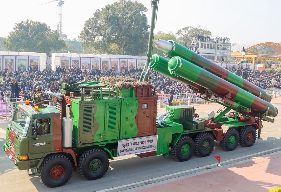The Suryastra rocket system and the BrahMos missile system mounted on high-mobility launch vehicles roll past during the Republic Day parade at Kartavya Path in New Delhi on January 26, 2026. (IANS File Photo)