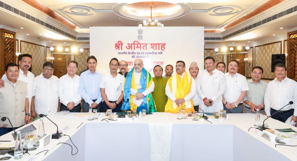 Union Minister for Home Affairs and Cooperation Amit Shah with West Bengal Chief Minister Suvendu Adhikari during a meeting with stakeholders and representatives of hill areas of West Bengal in Siliguri on August 22. (IANS/PIB Photo)