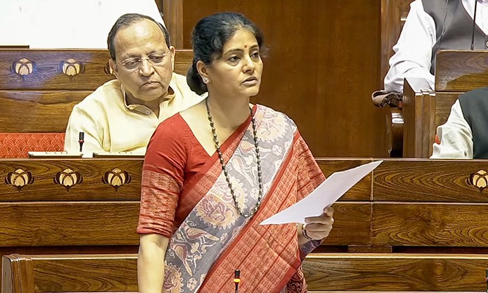 Minister of State for Health Anupriya Patel speaks in the Rajya Sabha during the Monsoon Session of Parliament in New Delhi on August 04, 2026. (IANS/Sansad TV Photo)
