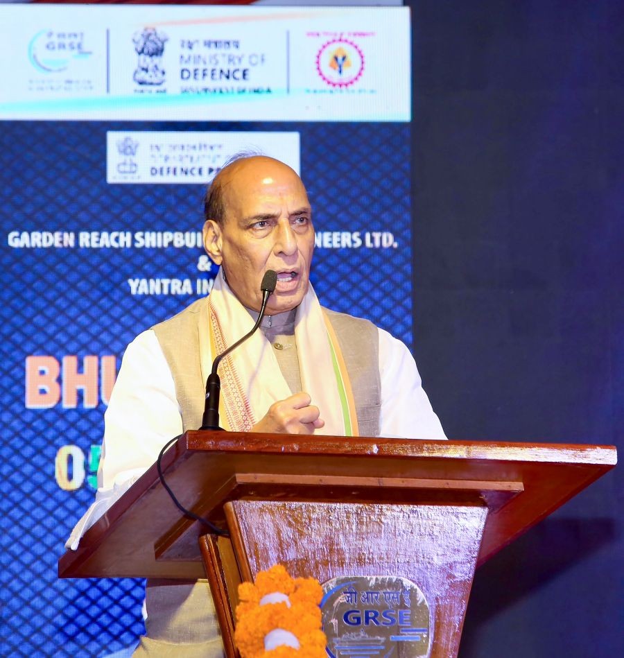Defence Minister Rajnath Singh addresses the ‘Bhumi Pujan Samaroh’ for five expansion projects of Garden Reach Shipbuilders & Engineers Limited and Yantra India Limited in Kolkata, West Bengal, on August 23, 2026. (IANS/X/@rajnathsingh Photo)