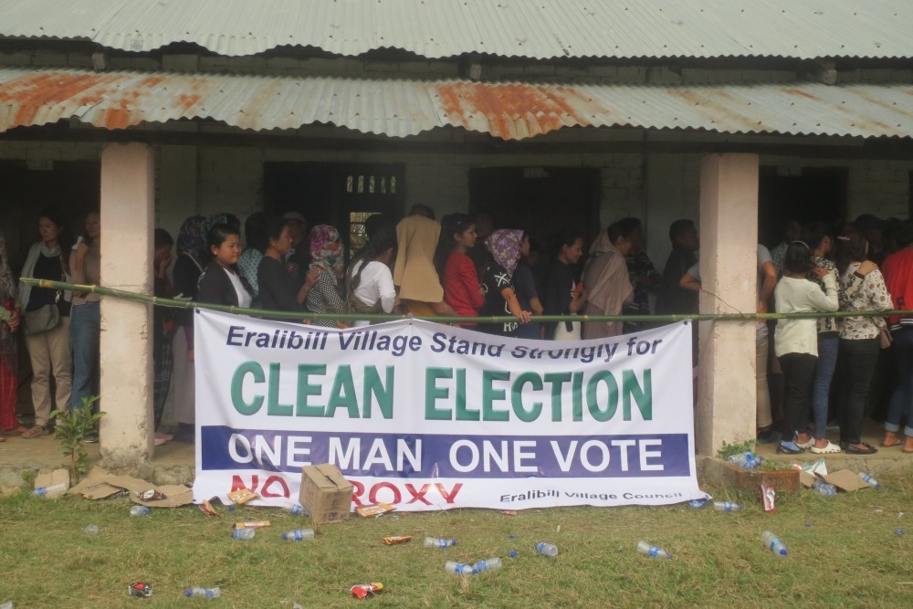 A ‘Clean Election’ banner outside a polling station in Dimapur during the Nagaland Legislative Assembly election held on February 27, 2018. (Morung File Photo)