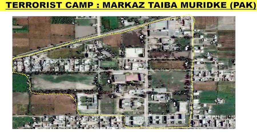 A graphic showing footage of the terrorist camp 'Markaz Taiba Muridke' in Pakistan is displayed during the press briefing on 'Operation Sindoor' in New Delhi on May 7, 2025. (IANS File Photo)