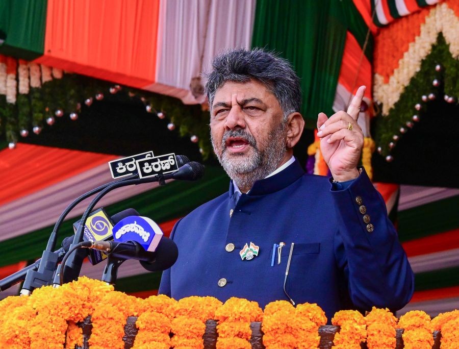 Karnataka Deputy Chief Minister D.K. Shivakumar speaks during the 80th Independence Day celebrations at Field Marshal Manekshaw Parade Ground, in Bengaluru, Karnataka, on August 15, 2026. (IANS Photo)