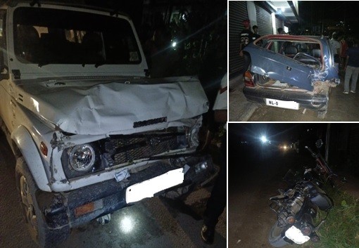 The Gypsy allegedly involved in the fatal August 29 crash at Veterinary Colony, Burma Camp, Dimapur (left), after it allegedly hit a motorcycle (bottom right) and a Maruti car (top right) before running over two pedestrians, who later succumbed to their injuries. According to Dimapur Police, the Gypsy driver has been arrested. (Photo Courtesy: Dimapur Police)