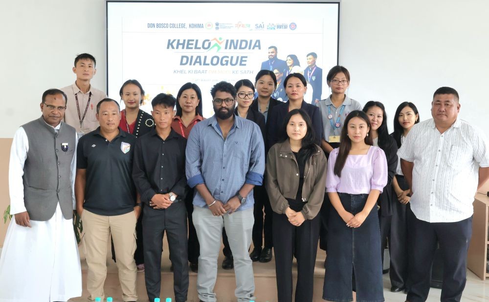Pradeep J, Ruokuovituo Zatsu with resource persons and others during Khelo India Samvaad at Don Bosco College, Kohima, on August 27. (Morung Photo)
