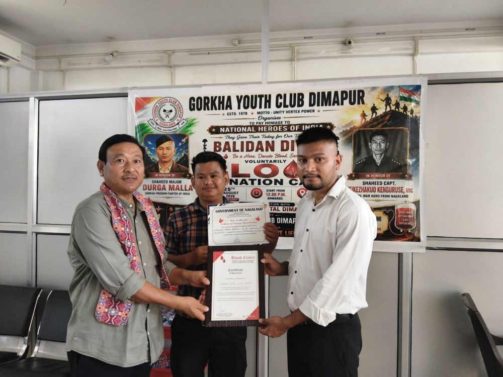 Volunteers holding certificates after donating blood during the voluntary blood donation camp organized by the Gorkha Youth Club Dimapur (GYCD) at District Hospital Dimapur on August 25.