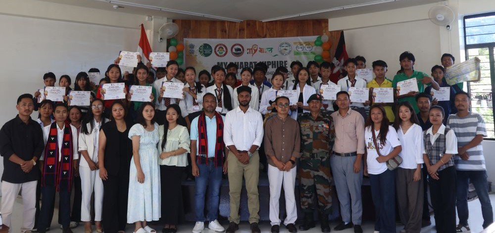 Officials along with the participants during the Nasha Mukt Bharat competition held at Agape Higher Secondary School in Kiphire on August 22.