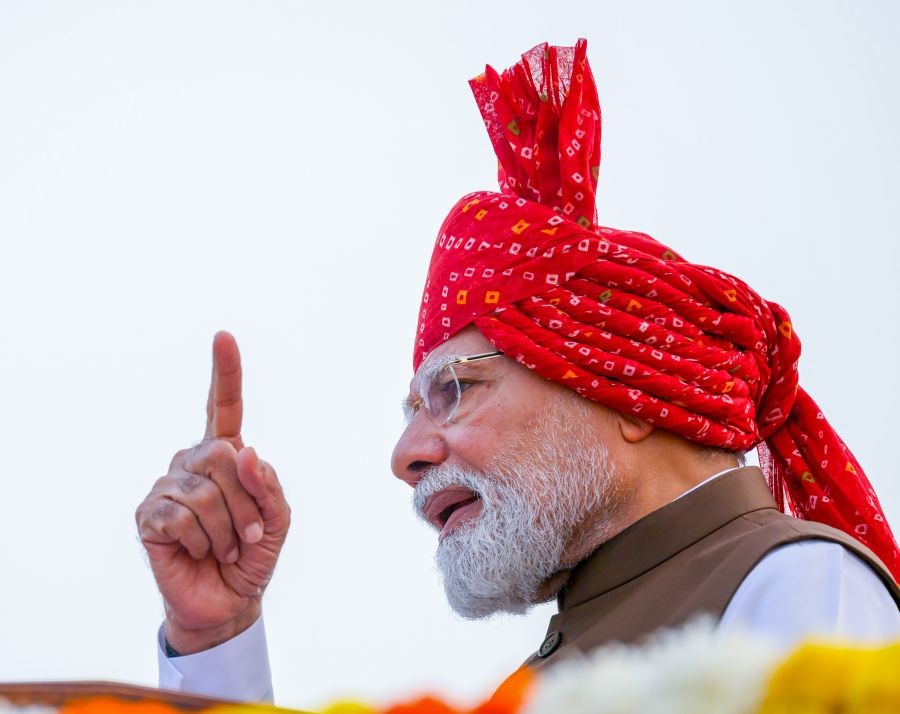 Prime Minister Narendra Modi speaks during the 80th Independence Day celebrations at the Red Fort in New Delhi on August 15, 2026. (IANS/PMO Photo)