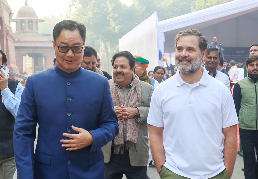 Leader of Opposition in the Lok Sabha Rahul Gandhi and Union Minister Kiren Rijiju arrive to pay tribute on the 70th Ambedkar Mahaparinirvan Diwas at Prerna Sthal in the Parliament House complex in New Delhi, on December 06, 2025. (IANS/Prem Nath Pandey File Photo)