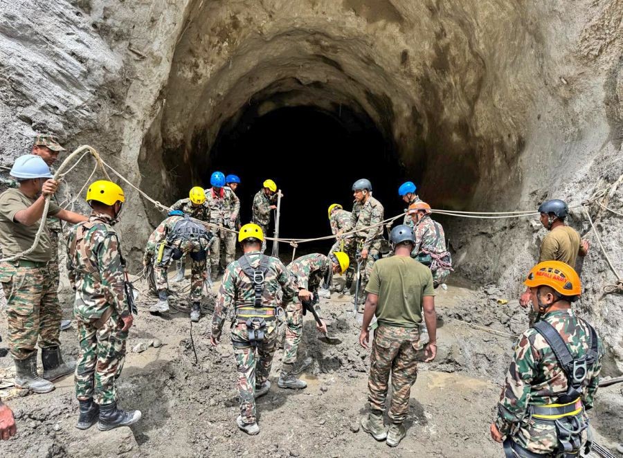 Members of an Indian tunnel rescue team conduct a search operation inside a hydropower tunnel in Chilime in coordination with the Nepali Army following flash floods in Rasuwa on September 1, 2026. (IANS/MEA Photo)