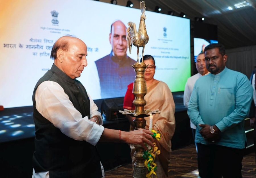 Defence Minister Rajnath Singh lights a ceremonial lamp during his interaction with members of the Indian community in Colombo, Sri Lanka, on September 8, 2026. (Photo: IANS/X/@rajnathsingh)