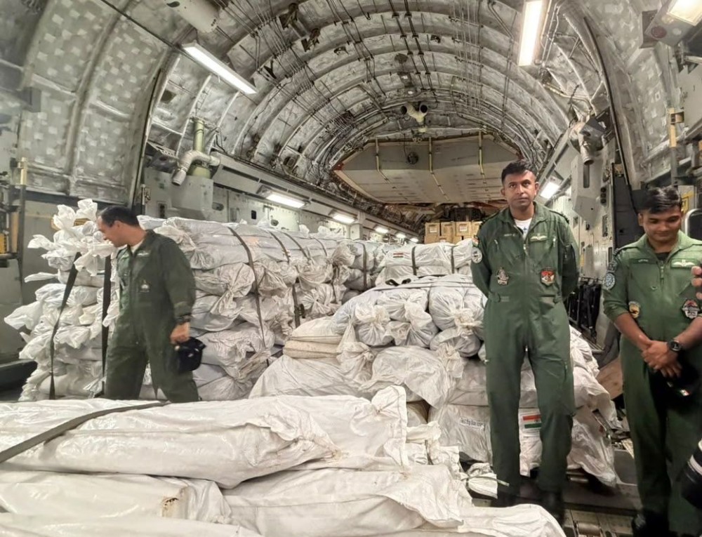 The eighth Indian flight carrying relief and rescue supplies, including tunnel-rescue equipment and forensic supplies, arrives in Kathmandu on September 9, 2026. (IANS/X/@MEAIndia Photo)