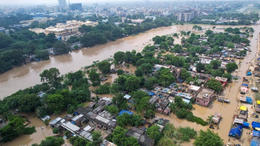 An aerial view of the Digha Ghat and Ganga Ghat areas amid a rise in the water level of the Ganga in Patna on September 4, 2026. (IANS Photo)