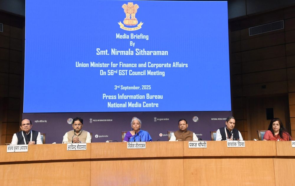 Union Finance and Corporate Affairs Minister Nirmala Sitharaman addresses a press conference on the 56th GST Council meeting as Union Minister of State for Finance Pankaj Chaudhary, Revenue Secretary Arvind Shrivastava look on at the National Media Centre in New Delhi on September 3, 2025. (IANS/PIB File (Photo)