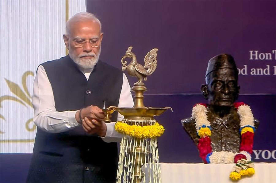 Prime Minister Narendra Modi lights the ceremonial lamp during the centenary celebrations of Shri Ram College of Commerce (SRCC) in New Delh on September 05, 2026. (IANS/Video Grab Photo)