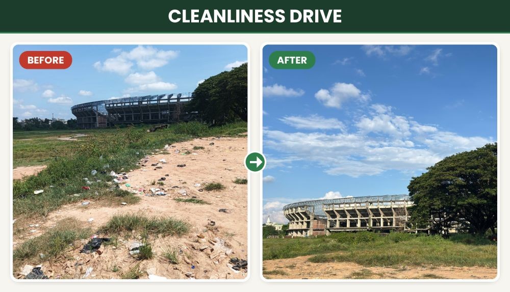 Before and after view of the cleanliness drive held at the State Stadium premises on September 24, as shared by the Central Goods and Services Tax (CGST), Dimapur.
