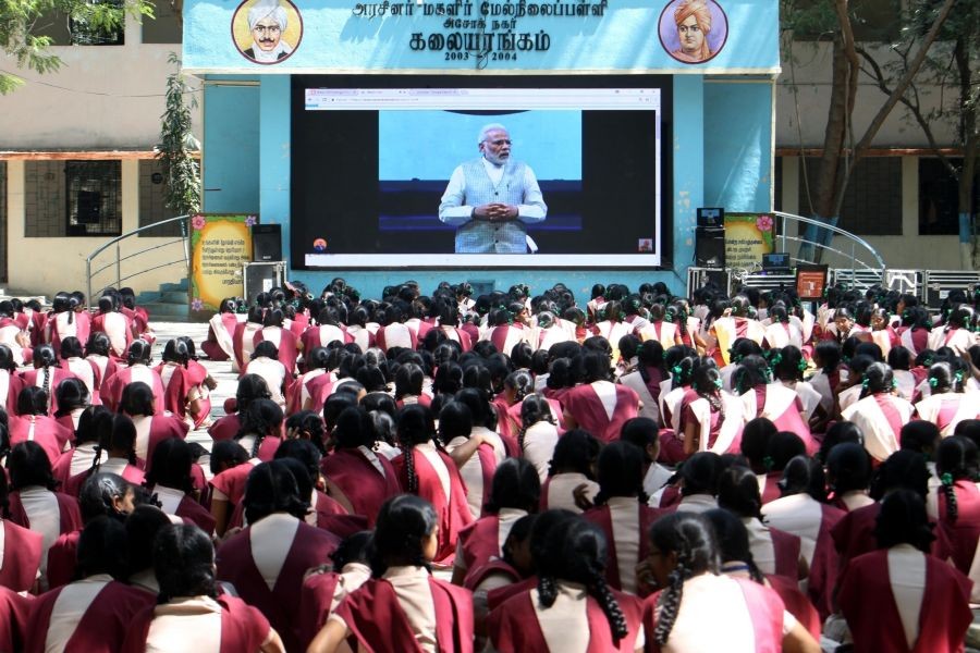 School students appearing for board exams listen to Prime Minister Narendra Modi as he speaks on stress free examinations during a live interaction with students from across India, in Chennai on Feb 16, 2018. (Photo: IANS)