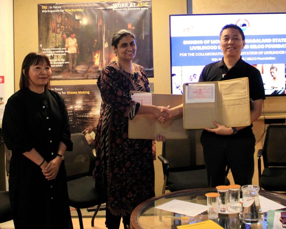 MoU between NSRLM and SELCO Foundation signed by Moa Sangtam, Mission Director, NSRLM, and Huda Jaffer, Director, SELCO Foundation.