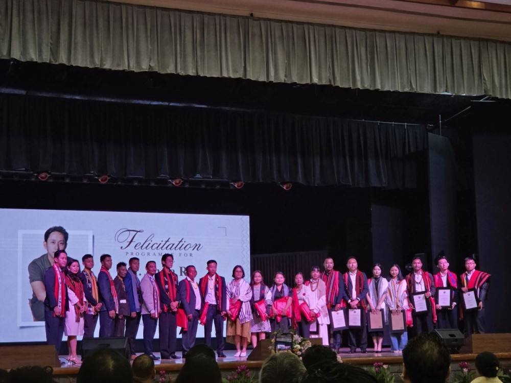 The Director, Cast and Crew of ANGH during the felicitation programme held in honour of Theja Rio, at the State Banquet Hall, CMRC Kohima on September 30.