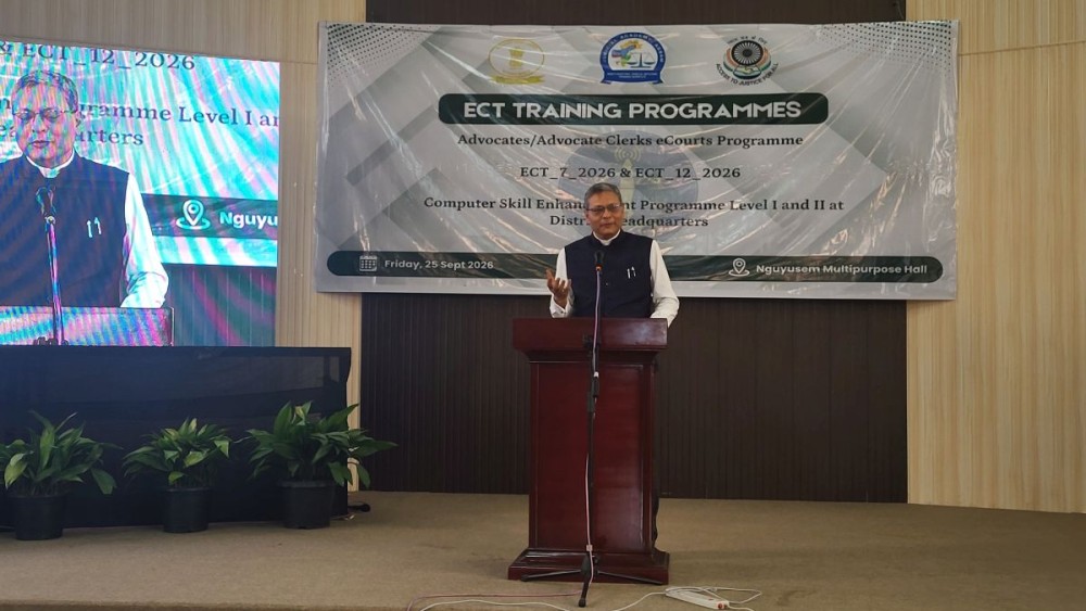 Justice Devashis Baruah addresses the gathering during the launch of various digital initiatives at NGUYUSEM Multipurpose Hall in Kohima on September 25. (Morung Photo)