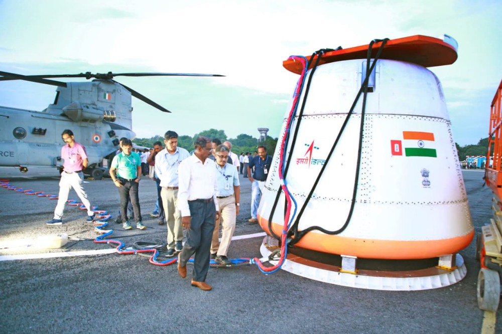 ISRO successfully accomplishes the first Integrated Air Drop Test (IADT-01) demonstrating the parachute-based deceleration system for the Gaganyaan missions on August 24, 2025. The test was conducted jointly with the Indian Air Force, DRDO, Indian Navy, and Indian Coast Guard. (ISRO/IANS File Photo)