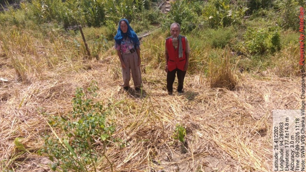 Two farmers stand beside a paddy field reportedly damaged by wild elephants at Chanka village under the 40 Bhandari Assembly Constituency in Wokha, in this geo-tagged photo from September 9. (Photo: Special Arrangement)