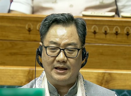 Union Minister Kiren Rijiju in the Lok Sabha during the Monsoon Session of Parliament in New Delhi on Tuesday, August 11, 2026. (Photo: IANS/Sansad TV