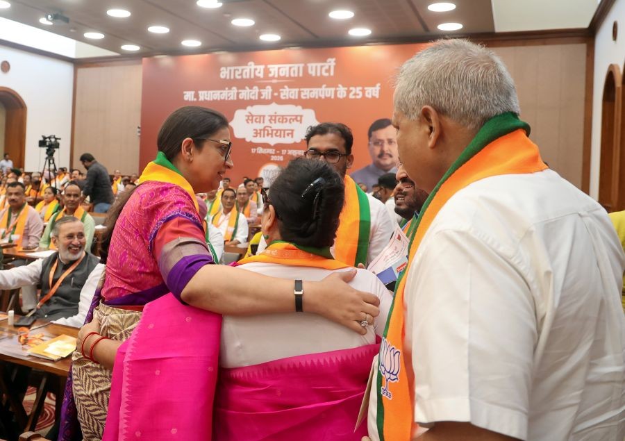 Bharatiya Janata Party (BJP) National General Secretary Smriti Irani with other party leaders during an organisational meeting at the BJP headquarters in New Delhi on August 22, 2026. (Photo: IANS/Premnath Pandey)