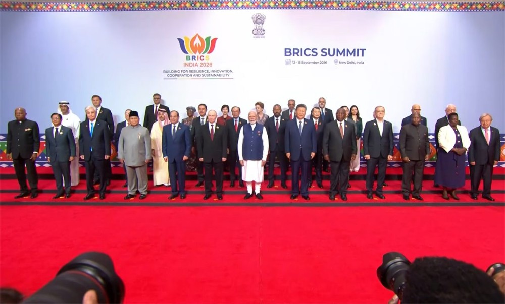New Delhi: Prime Minister Narendra Modi with Russian President Vladimir Putin, Chinese President Xi Jinping and other world leaders during a group photograph at the 18th BRICS Summit at Bharat Mandapam in New Delhi on Sunday, September 13, 2026. (Photo: IANS/Video Grab)