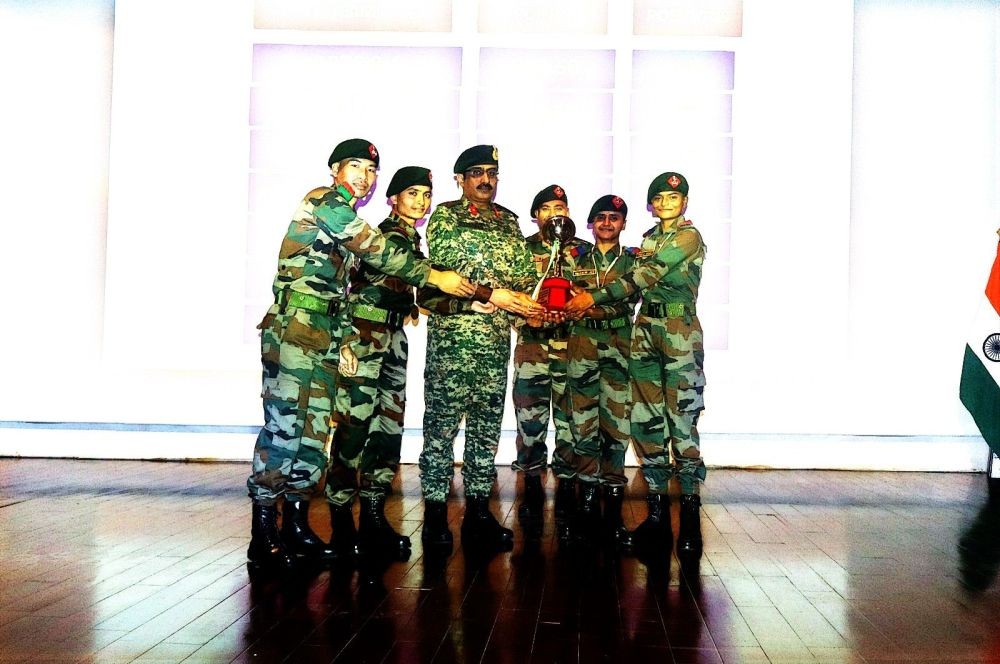 Brigadier Chandan Singh Pathania, VSM, Commandant, ARTC&S, posing with the winning Assam Rifles team members holding their trophy during the North East Zone Inter-CAPF Debate Competition on Human Rights at Shokhuvi, Dimapur.