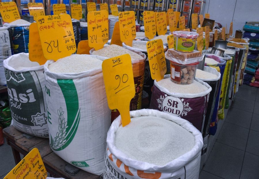 Sugar is displayed for sale at a grocery store amid a sharp rise in its price, in Surat, Gujarat, on August 25, 2026. (Photo: IANS)